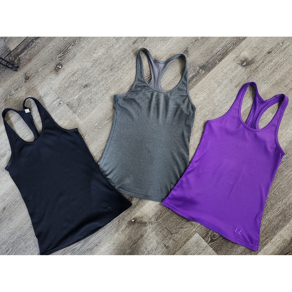 Under Armour HeatGear Racerback Tank Top Lot of 3 Black Gray Purple Medium